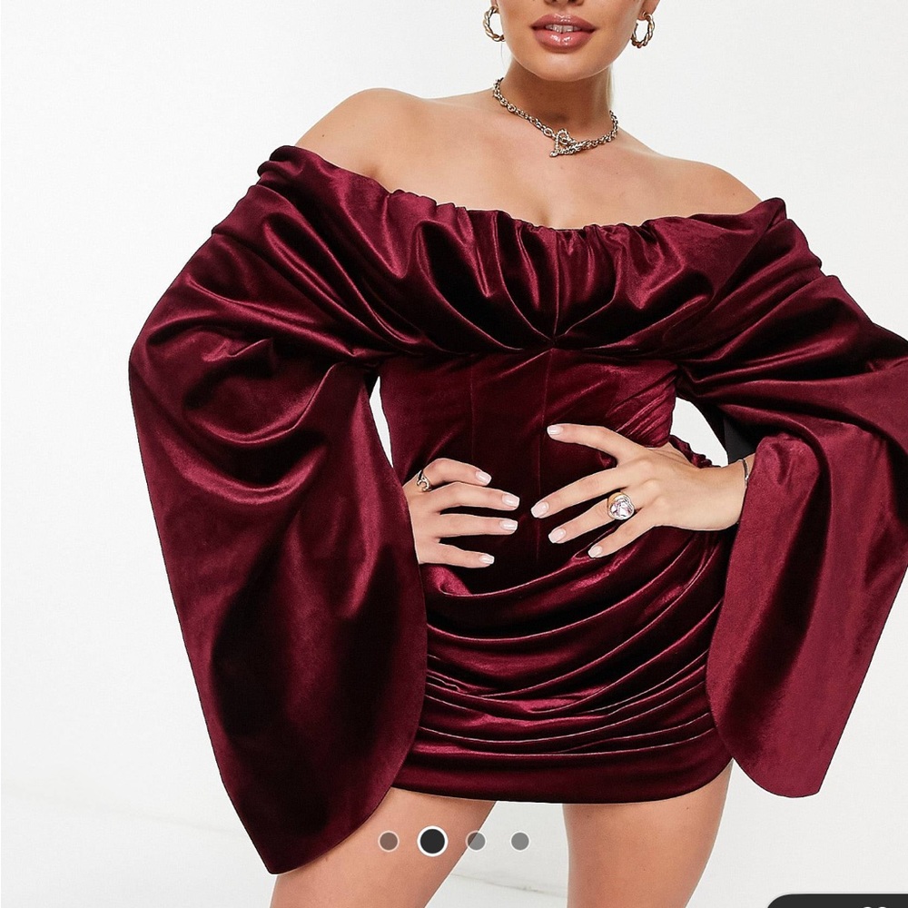 ASOS DESIGN bonded velvet extreme drape sleeves dress in burgundy